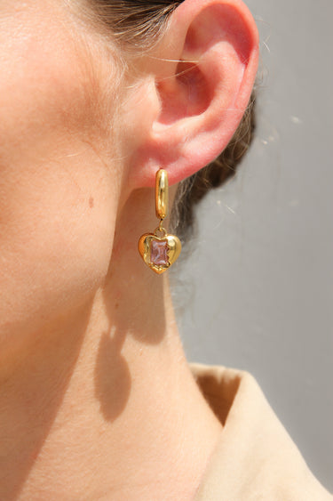 GOLD HEART DROP EARRINGS PINK STONE - STUDIO JO STORE
